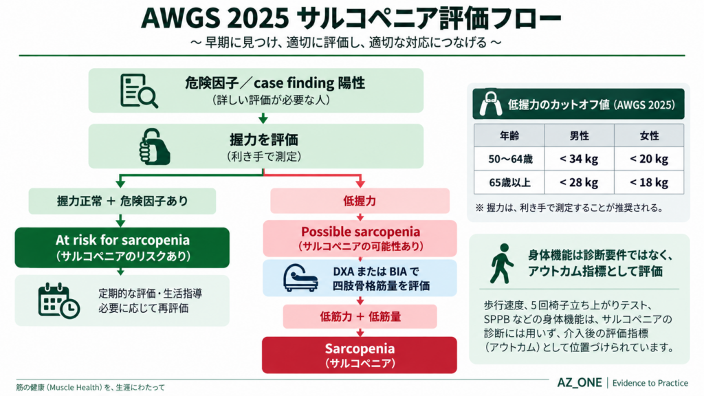 AWGS 2025に基づくサルコペニア評価の流れ