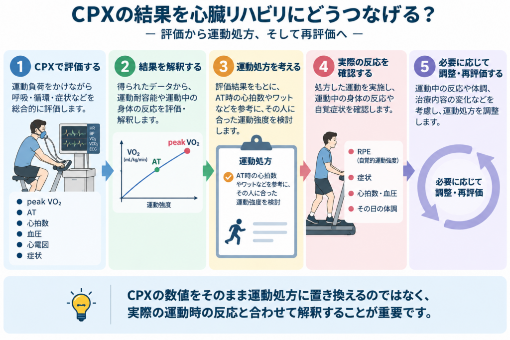 CPXとは何かを示した心肺運動負荷試験から運動処方・再評価までの流れ