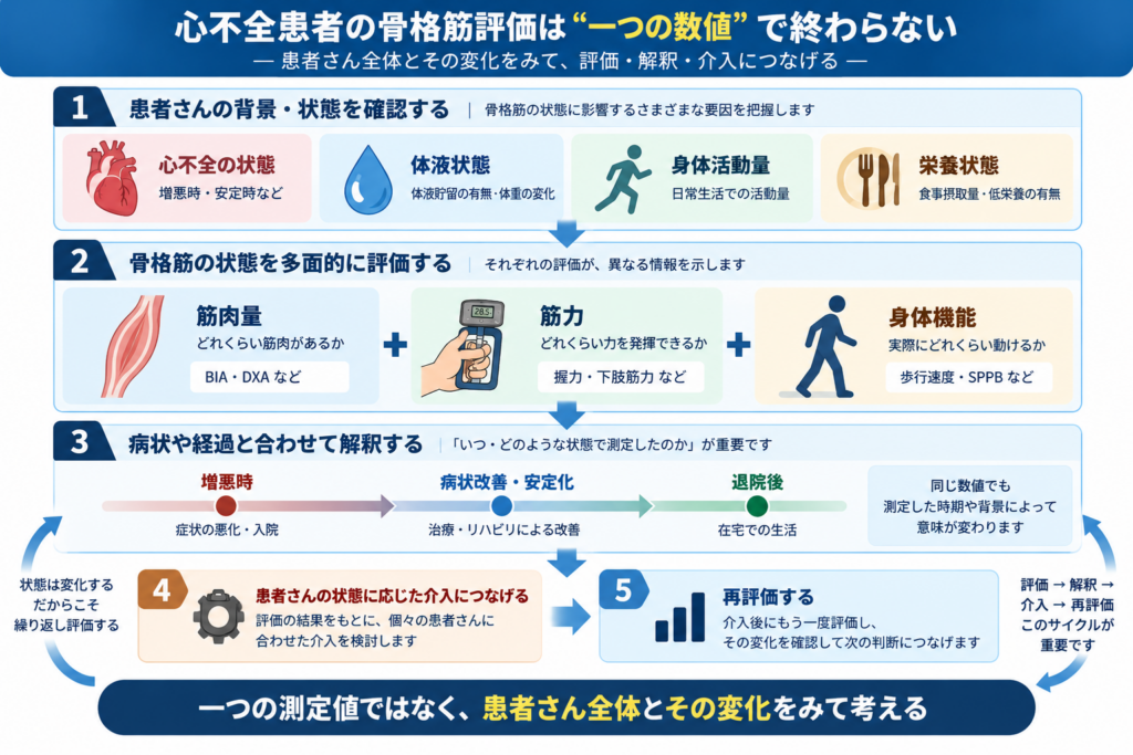 心不全とサルコペニアの評価で筋肉量・筋力・身体機能を総合的に考える流れ